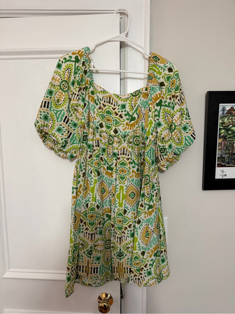 vestique Green & Yellow Floral Print Puff-Sleeve Mini Dress